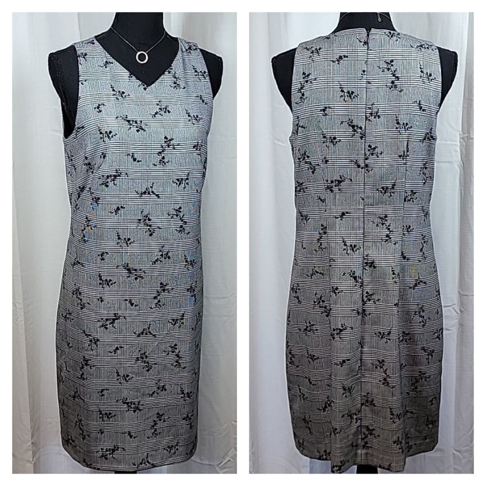 Ann Taylor Glen Plaid Gray Floral Sleeveless Dress - Picture 4 of 16